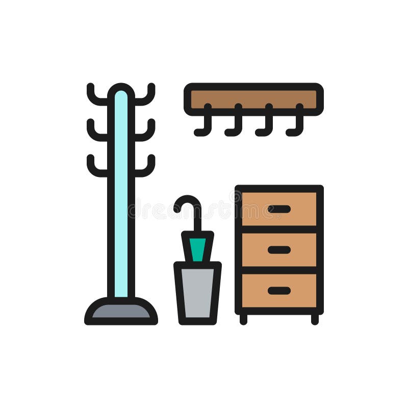 Hanger in hallway, clothing rack flat color line icon. stock illustration